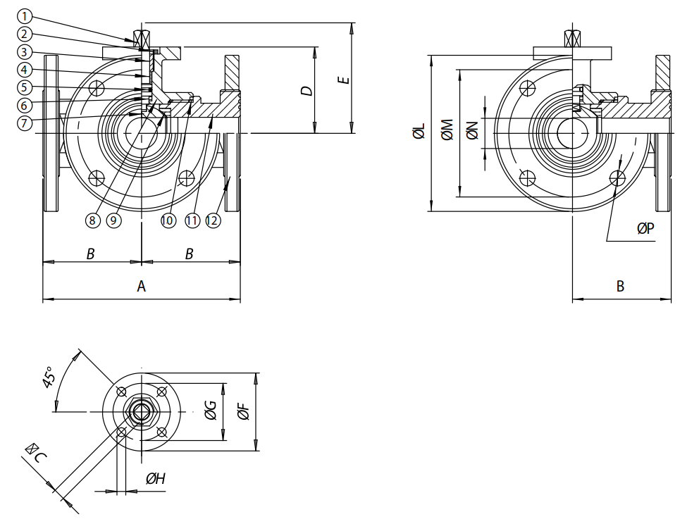 三通不銹鋼法蘭球閥 ITEM 460/461 結構圖